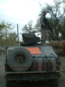Butters looking over the wall into a sparse orchard.
