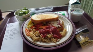 They thought this passed as Veal Parmesan with rotini and marinara sauce. But the sauce was sweet. Way to kick a man when he is own VA.  