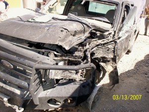 Ford F250 being driven by contractors that was hit by a suicide bomber outside a FOB in Helmand Province.